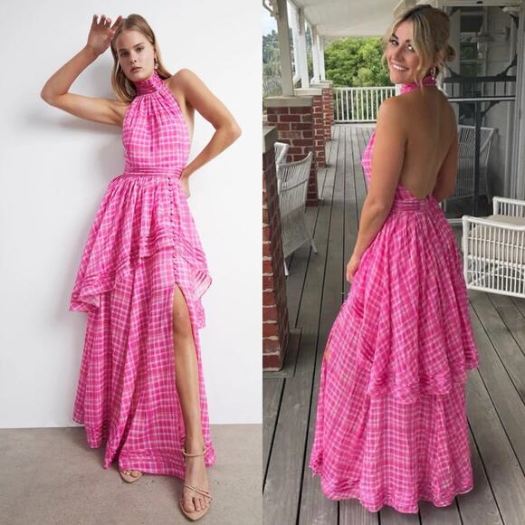 Aje Bungalow Sienna Gingham Halter Neck Maxi Dress Gown Pink AU Size 6 US Size 2 - Picture 4 of 13